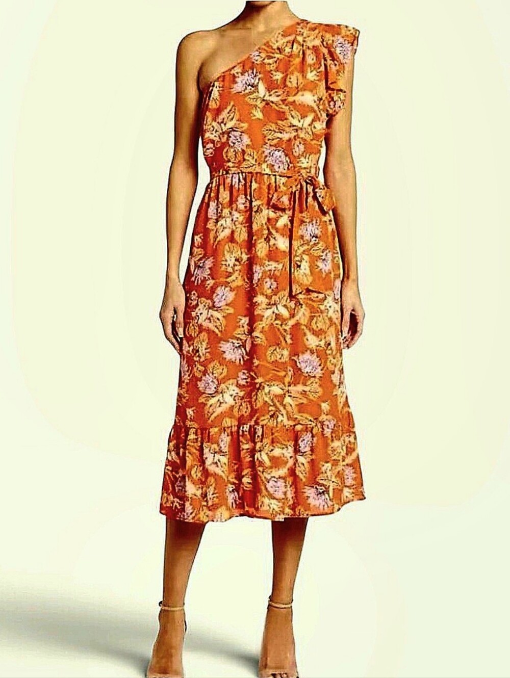 NWT Collective Concepts Dress One Shoulder Orange Floral Midi Tie Waist Resort M